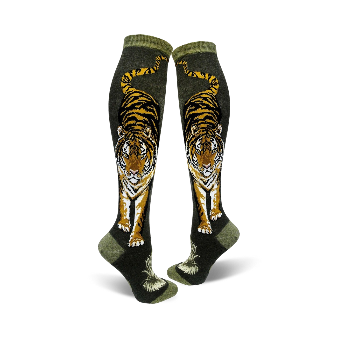 Pair of knee-high socks.  Olive green background with a detailed tiger design in orange, black, and white. Tiger is facing forward with its tail visible.