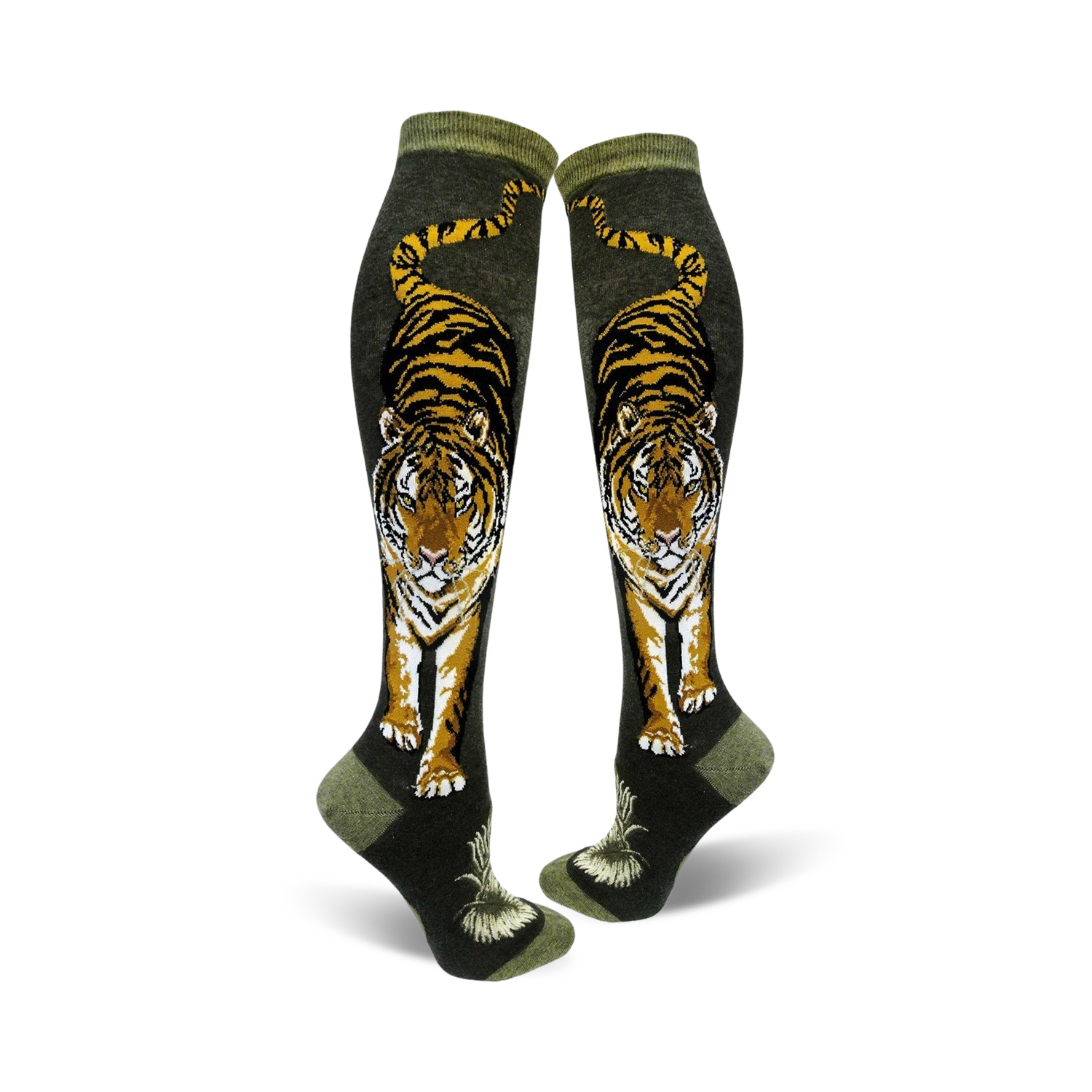 Pair of knee-high socks.  Olive green background with a detailed tiger design in orange, black, and white. Tiger is facing forward with its tail visible.