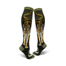 dark green knee-high women's tiger-themed socks with ribbed top.  