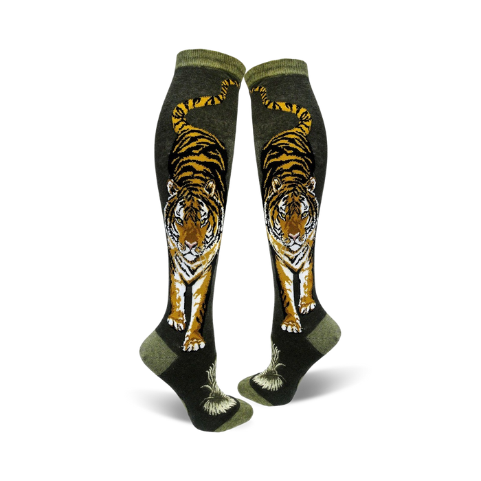 dark green knee-high women's tiger-themed socks with ribbed top.   }}