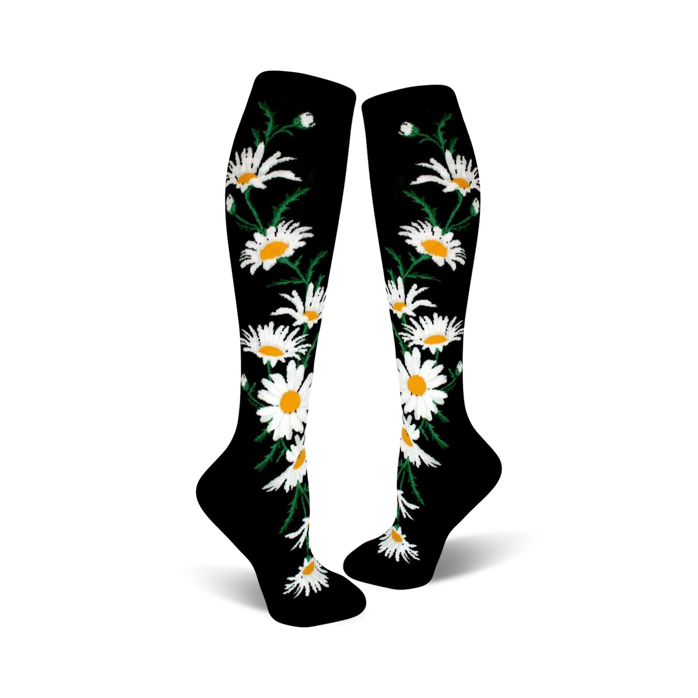 A pair of black knee-high socks with a whimsical pattern of white daisies and green stems.