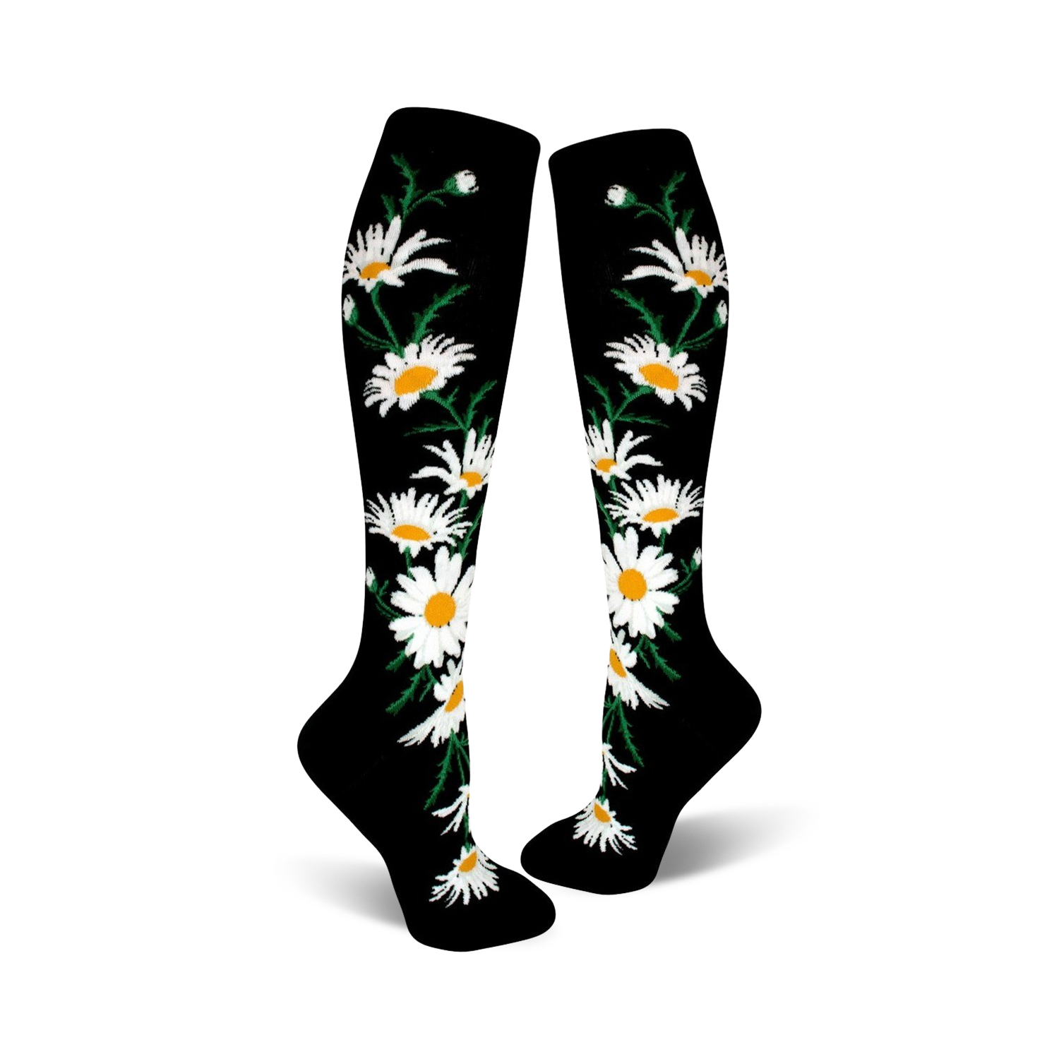 A pair of black knee-high socks with a whimsical pattern of white daisies and green stems.