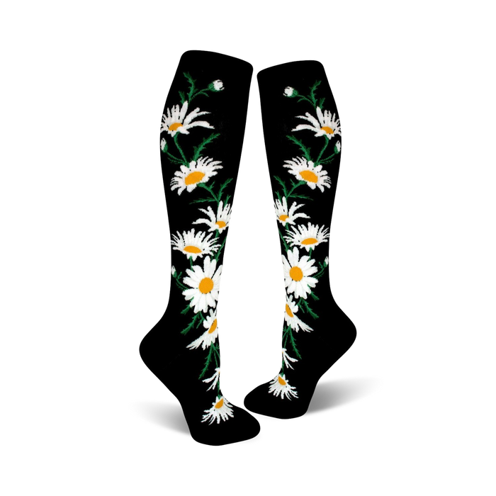 crazy for daisies knee high socks for women feature an all-over pattern of yellow and white daises with green stems and leaves on black.   }}
