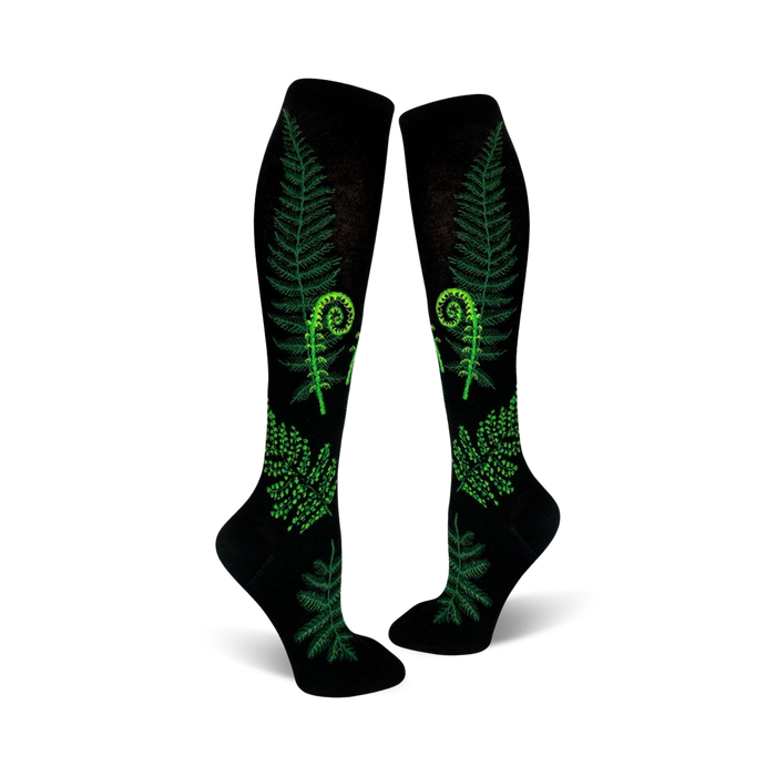ferns & fiddlehead pattern knee high socks for women. botanical and fern theme.    }}
