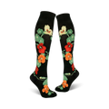 Pair of black knee-high socks with a pattern of orange, red, and yellow nasturtium flowers and green leaves.