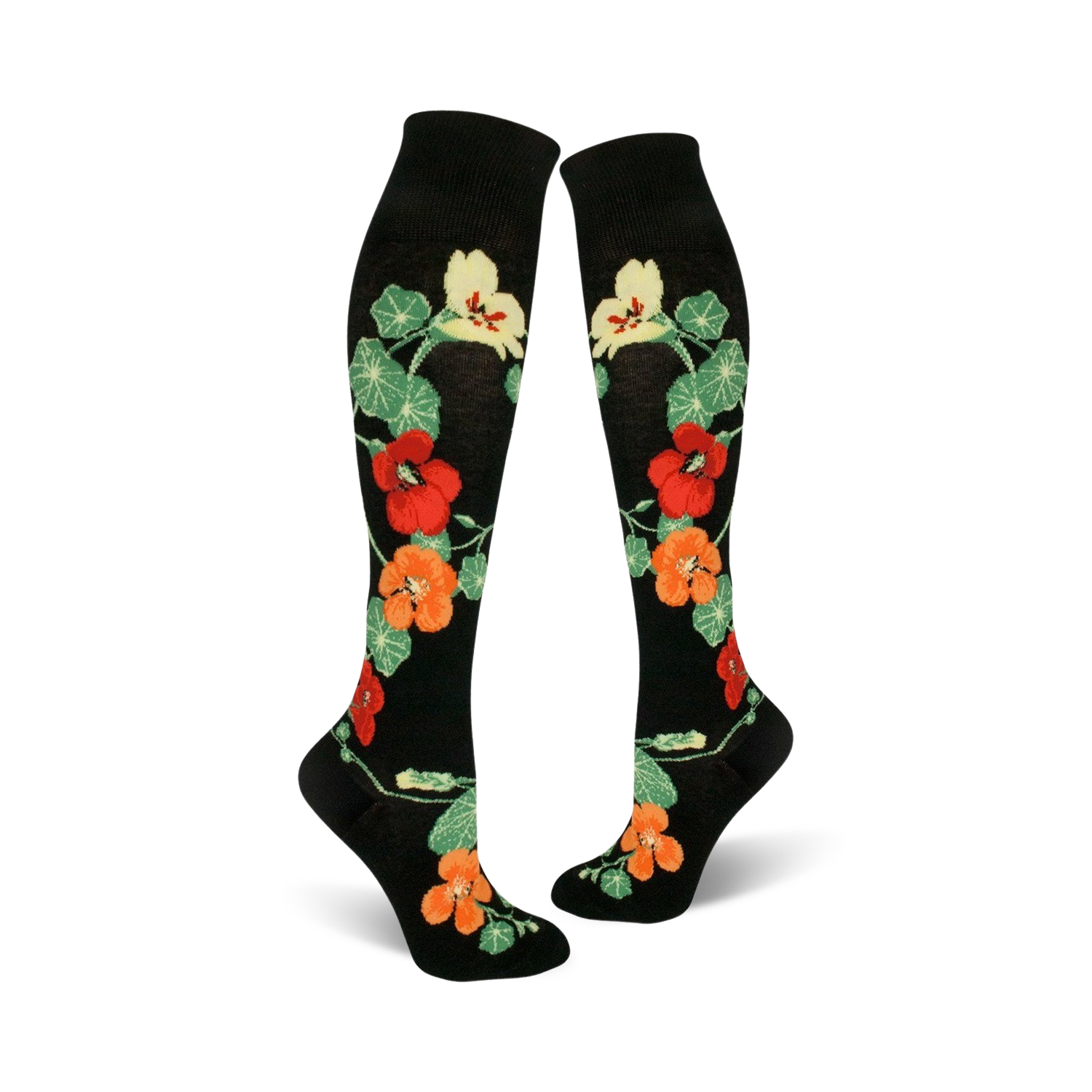 Pair of black knee-high socks with a pattern of orange, red, and yellow nasturtium flowers and green leaves.