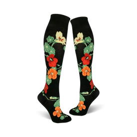 womens knee high nasturtium flower pattern socks - black   