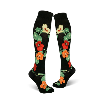 womens knee high nasturtium flower pattern socks - black   