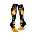 Pair of black knee-high socks with a colorful solar system design. Planets are depicted in realistic colors on a dark background with a yellow cuff.