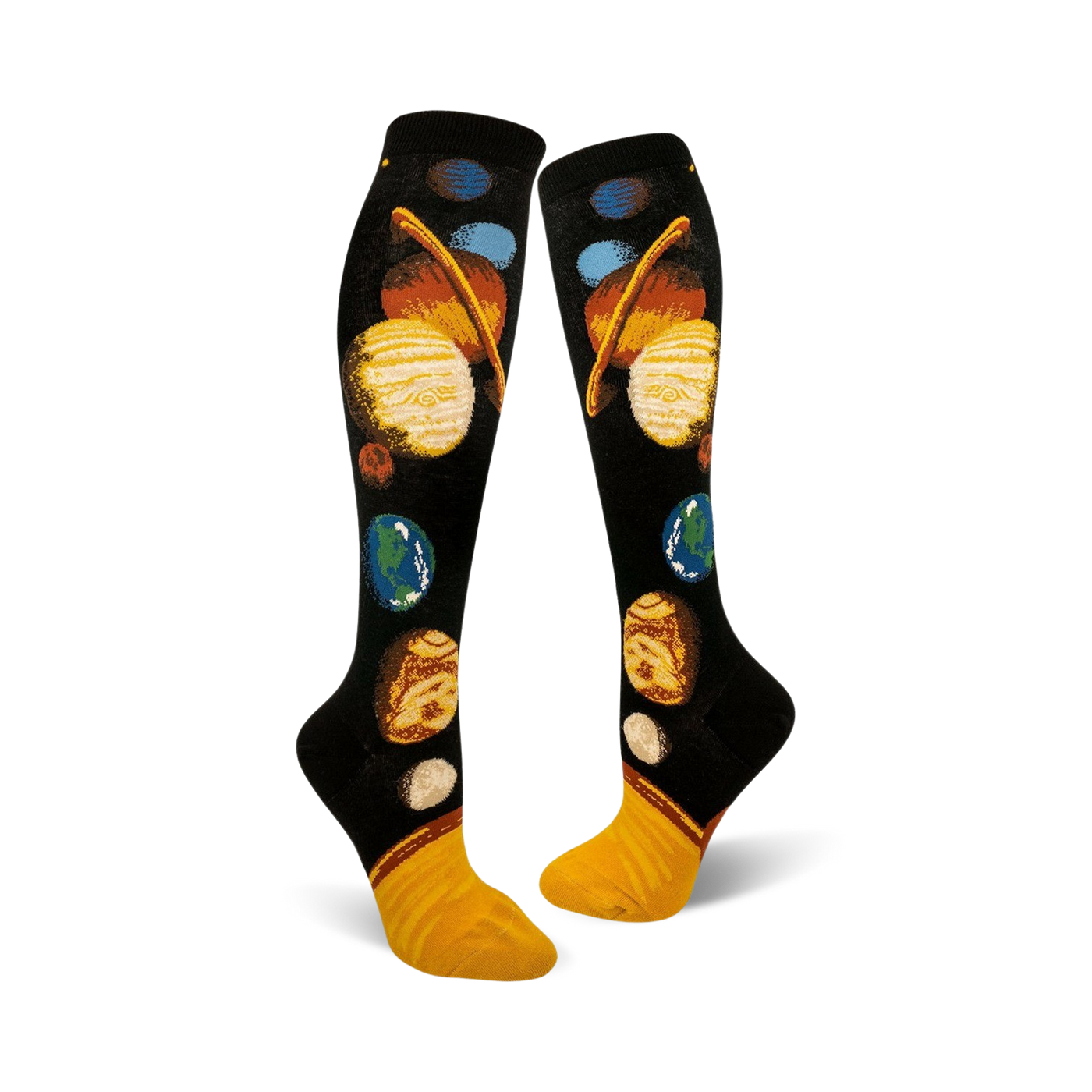 Pair of black knee-high socks with a colorful solar system design. Planets are depicted in realistic colors on a dark background with a yellow cuff.