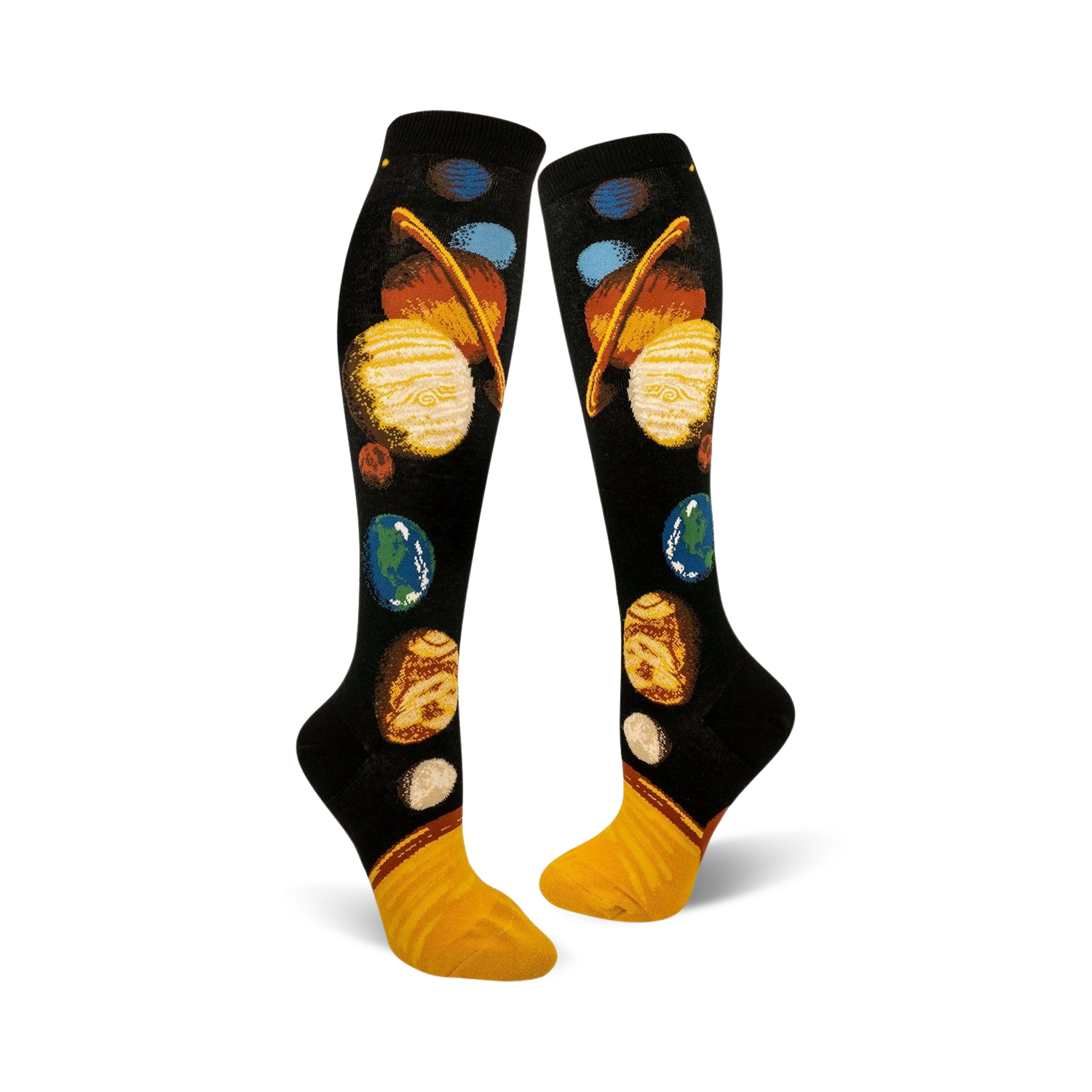 Pair of black knee-high socks with a colorful solar system design. Planets are depicted in realistic colors on a dark background with a yellow cuff.