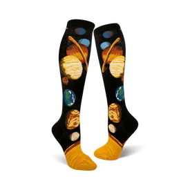 black knee-high socks feature a cartoon-like solar system pattern for women who love space.  