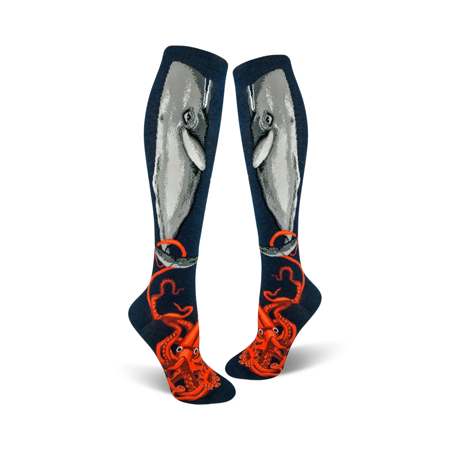 Pair of navy blue knee-high socks.  A gray whale and an orange octopus are depicted on the socks.