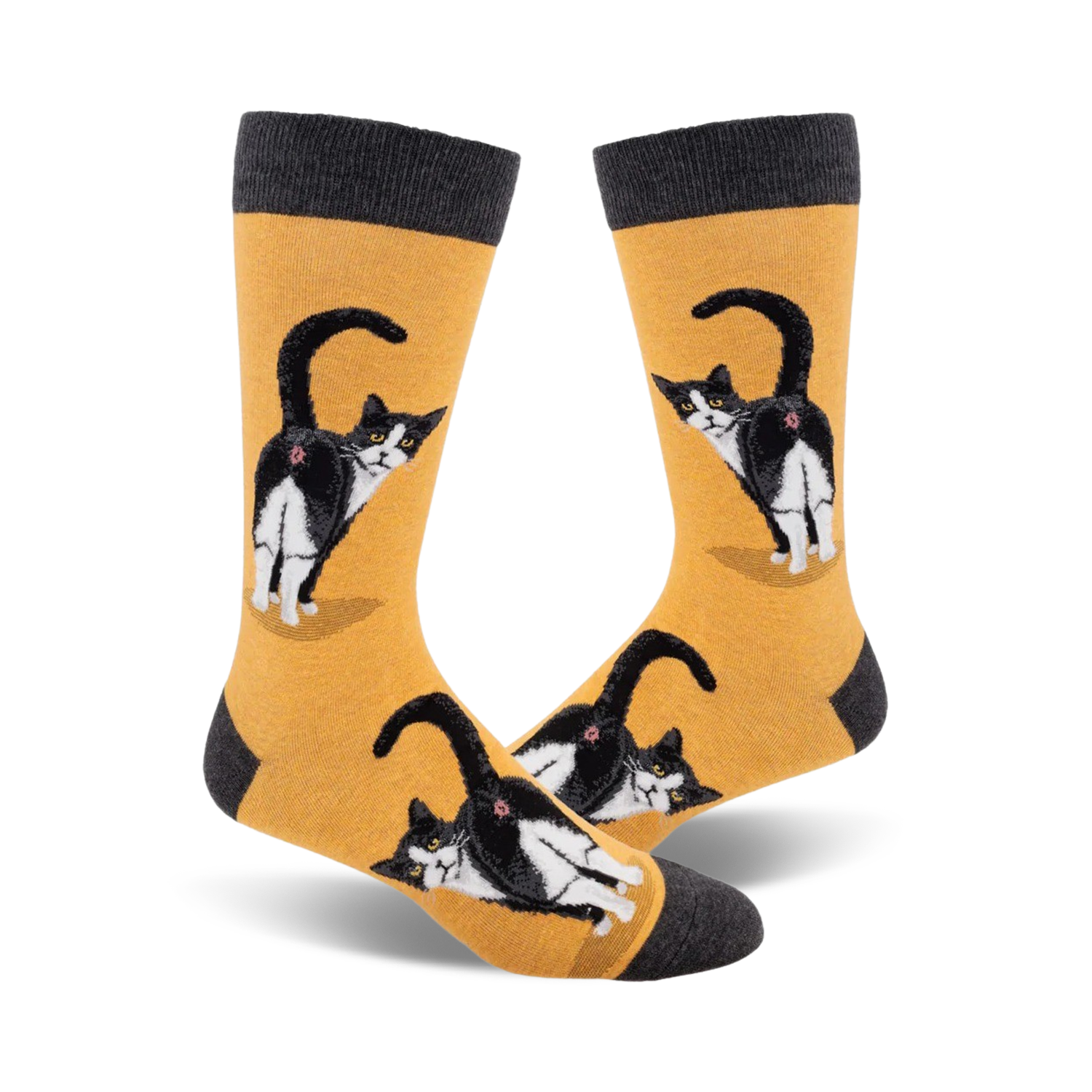 Pair of crew socks; mustard yellow and charcoal grey; featuring a tuxedo cat's rear end, repeated pattern.