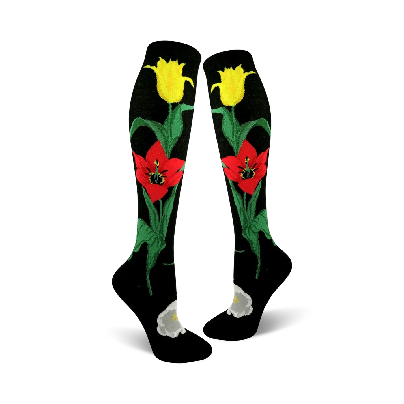 Pair of black knee-high socks with red and yellow tulips and green stems. A white flower is at the ankle.
