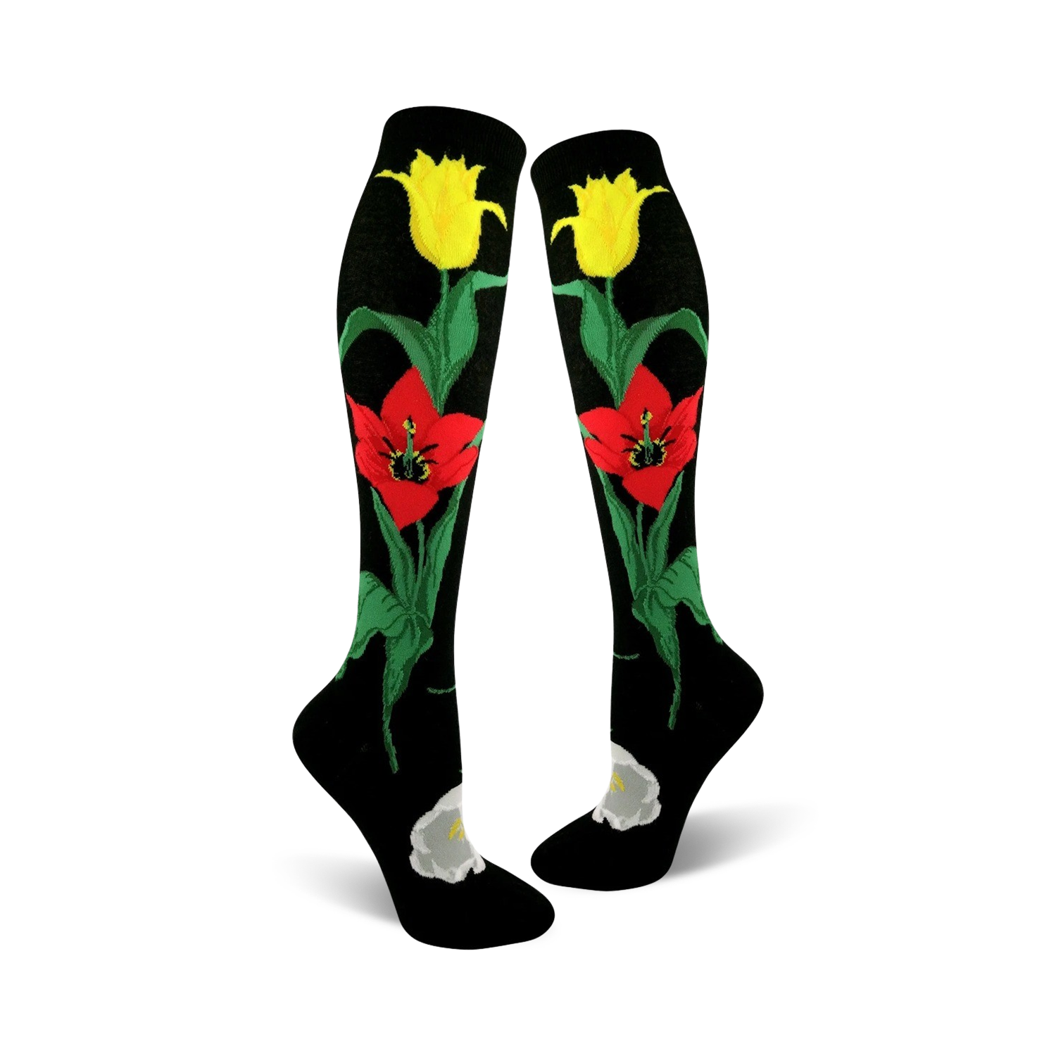 Pair of black knee-high socks with red and yellow tulips and green stems. A white flower is at the ankle.