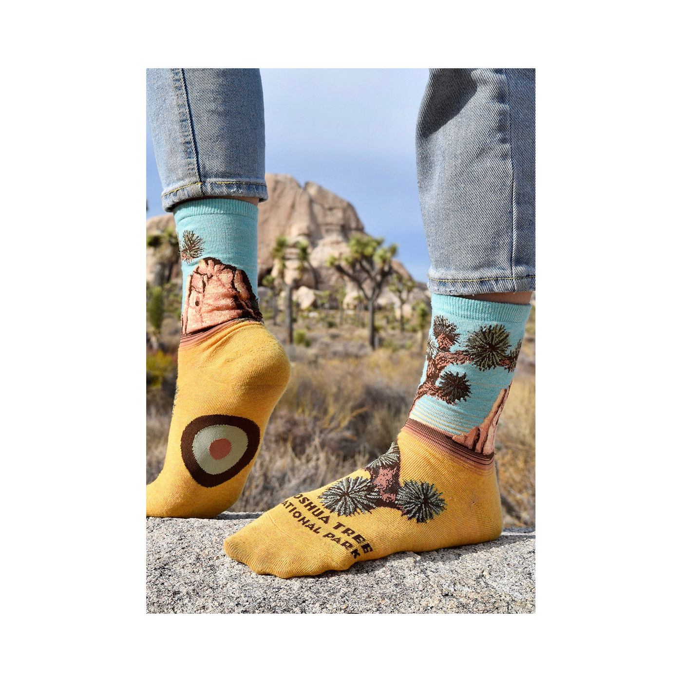 Lifestyle photo showcasing a person wearing the Joshua Tree socks. Their feet are placed on a rock in what looks like Joshua Tree National Park.