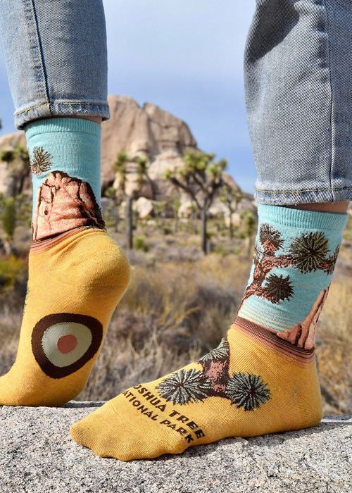 A person is modeling a pair of yellow socks with a design of Joshua Tree National Park. The socks have a blue toe and heel with a brown band around the top. The main part of the sock is yellow with a picture of a large rock formation in the desert surrounded by Joshua trees. The words 