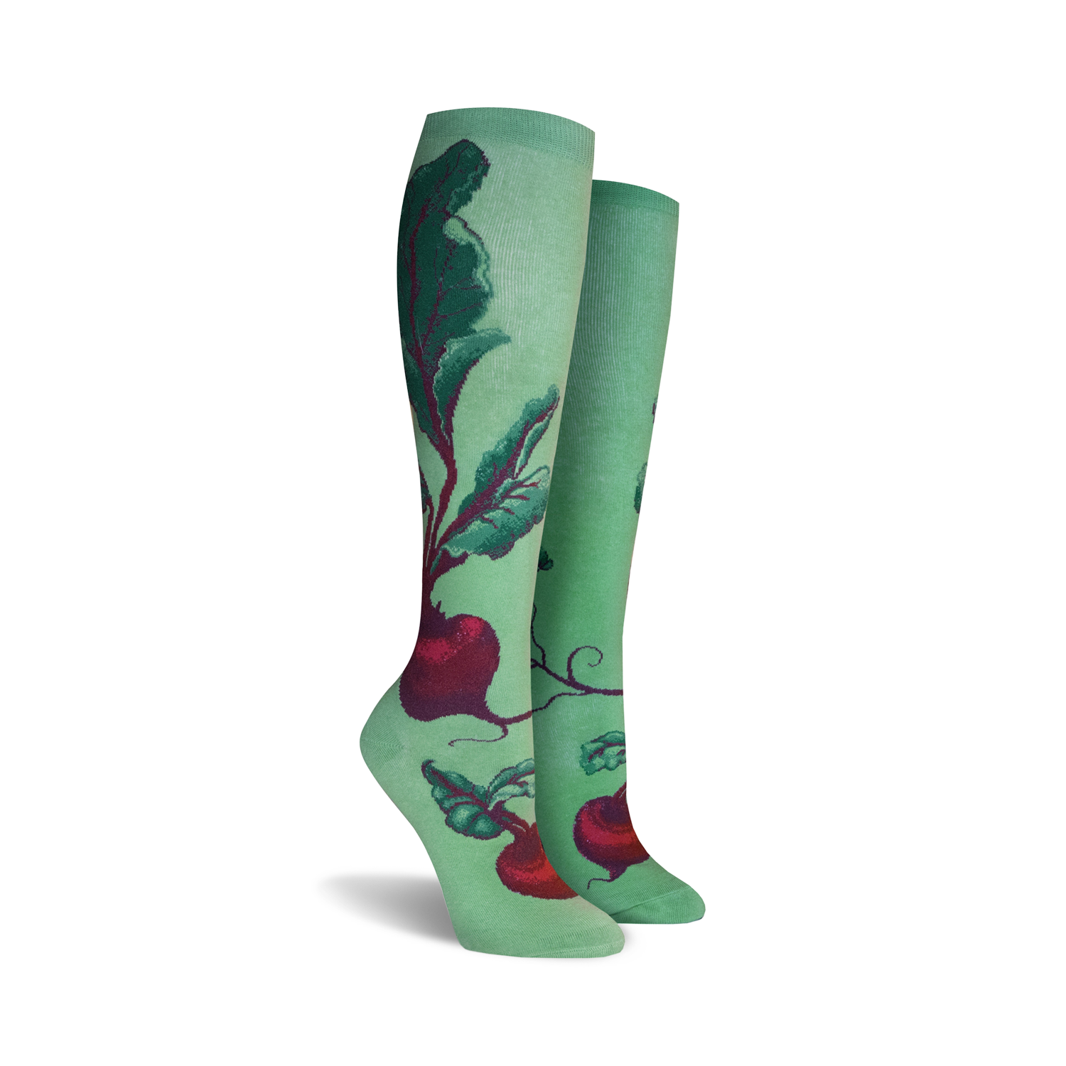 Lifestyle shot of a woman's legs wearing the beet socks outdoors.