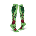 Pair of women's knee-high socks. Light green background with a whimsical beet and leaf design in deep reds and greens.