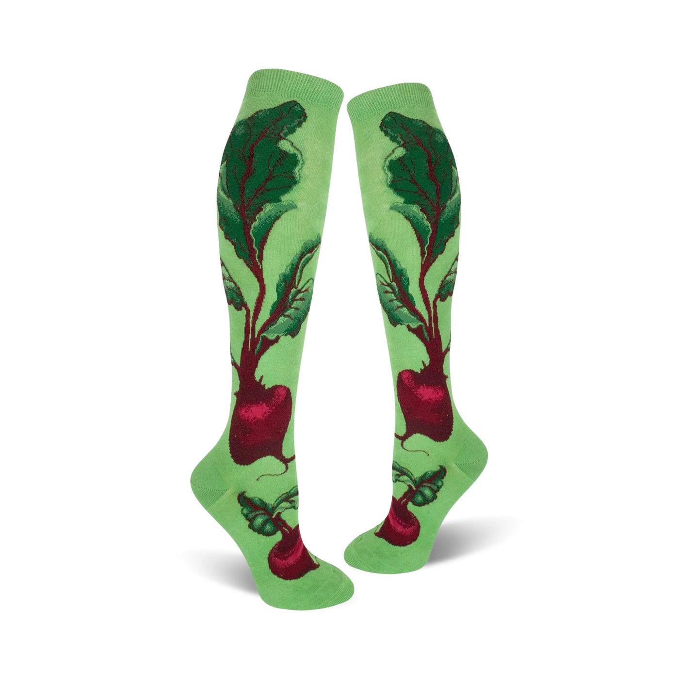 Pair of women's knee-high socks. Light green background with a whimsical beet and leaf design in deep reds and greens.