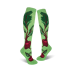 Pair of women's knee-high socks. Light green background with a whimsical beet and leaf design in deep reds and greens.
