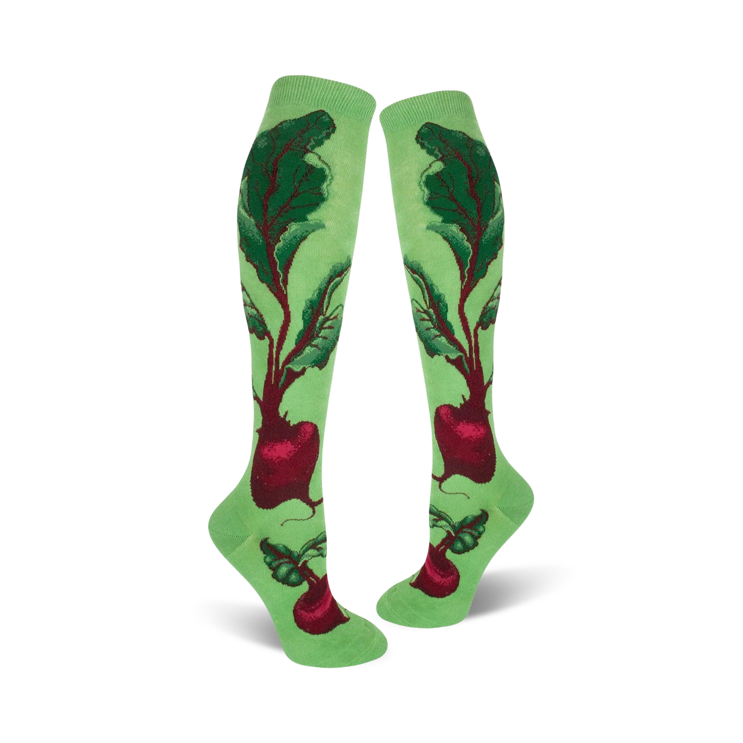 Pair of women's knee-high socks. Light green background with a whimsical beet and leaf design in deep reds and greens.