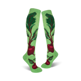 women's knee-high socks in light green with red beet pattern on green leaves and dark red bulb.   