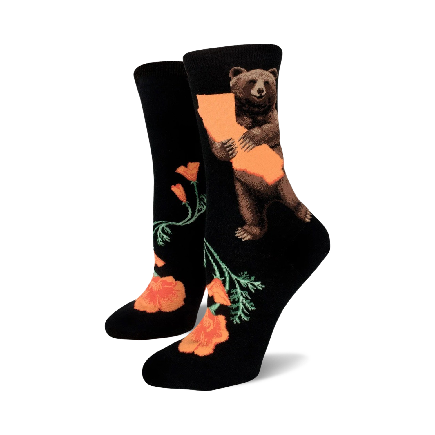 A pair of black crew socks with an illustration of a bear hugging the California outline and orange California poppies.