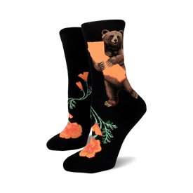  black socks with an orange state of california and brown bear pattern. womens, crew length.  
