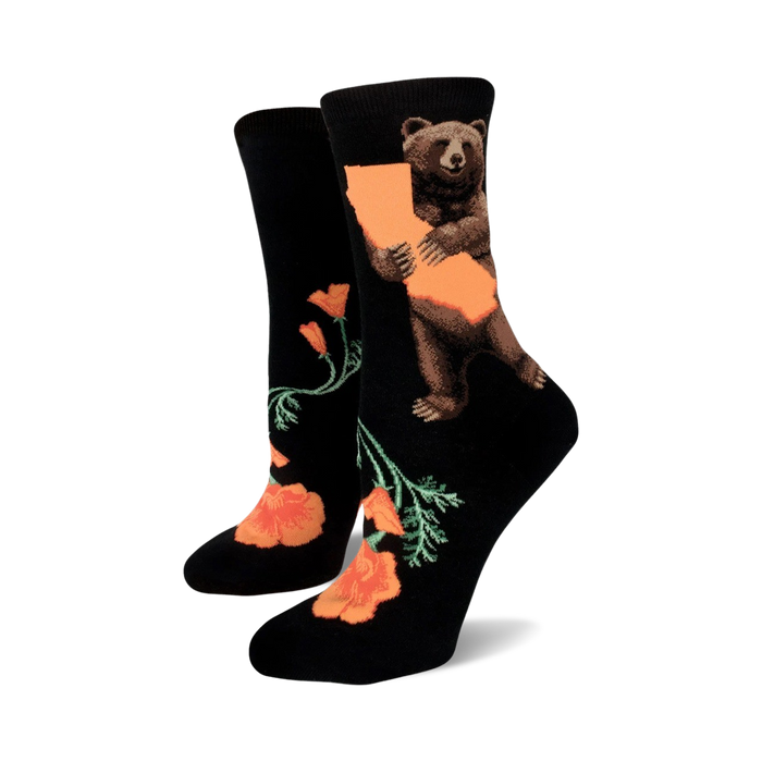  black socks with an orange state of california and brown bear pattern. womens, crew length.   }}