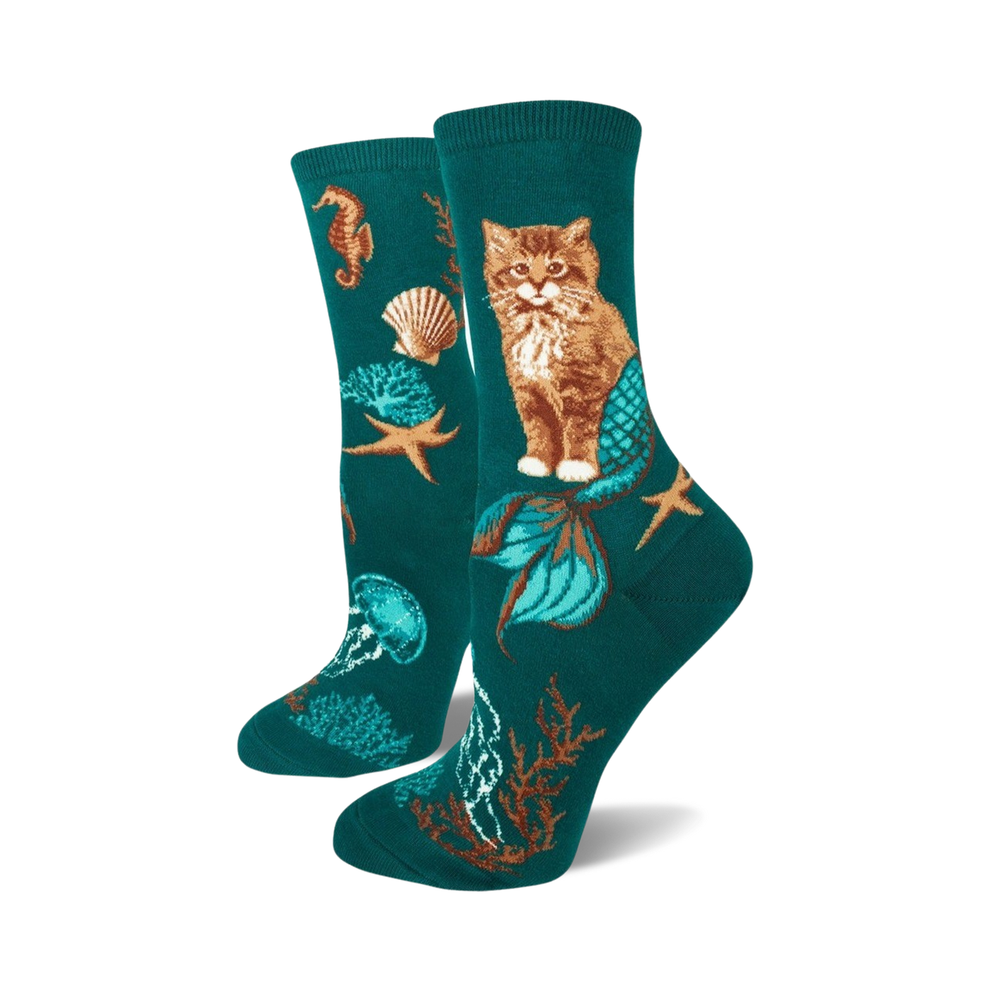 Crew socks in teal featuring a ginger cat with a mermaid tail, seahorses, starfish, seashells, and jellyfish.
