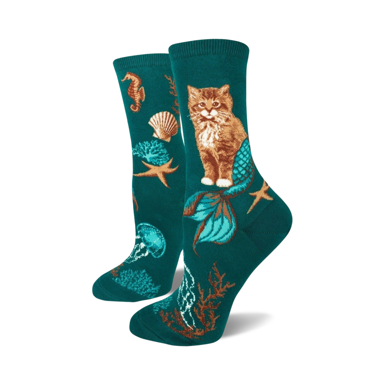 Crew socks in teal featuring a ginger cat with a mermaid tail, seahorses, starfish, seashells, and jellyfish.