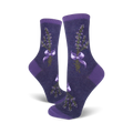 Pair of women's crew socks in shades of purple.  Lavender sprigs tied with a bow are featured on a dark purple background.
