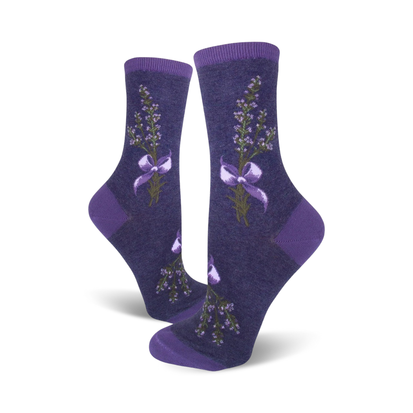 Pair of women's crew socks in shades of purple.  Lavender sprigs tied with a bow are featured on a dark purple background.