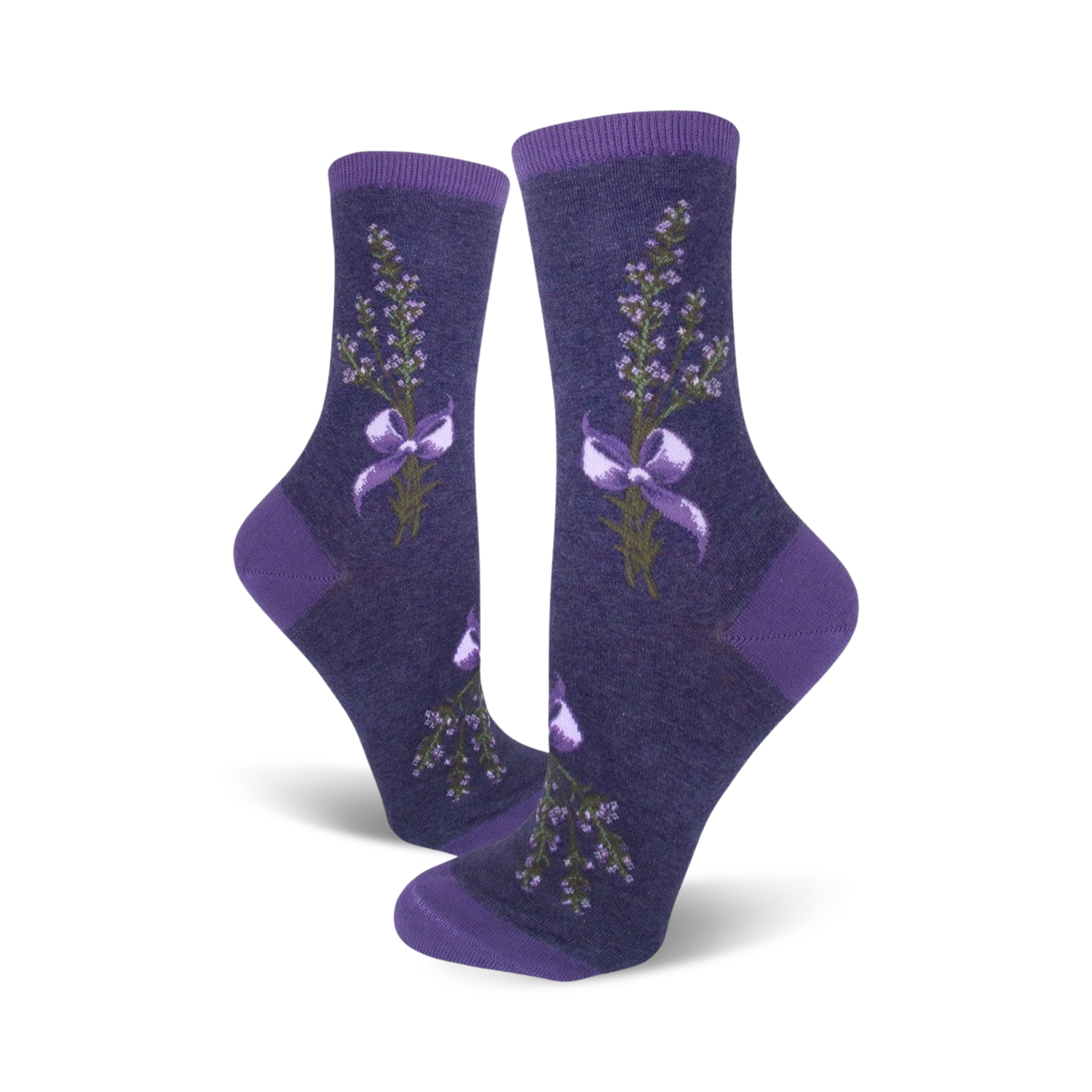 Pair of women's crew socks in shades of purple.  Lavender sprigs tied with a bow are featured on a dark purple background.