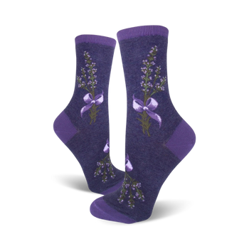women's floral crew socks in purple with lavender & green stem pattern, lavender ribbon accents.   