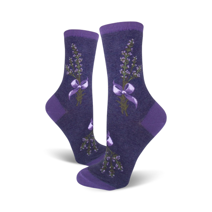 women's floral crew socks in purple with lavender & green stem pattern, lavender ribbon accents.    }}