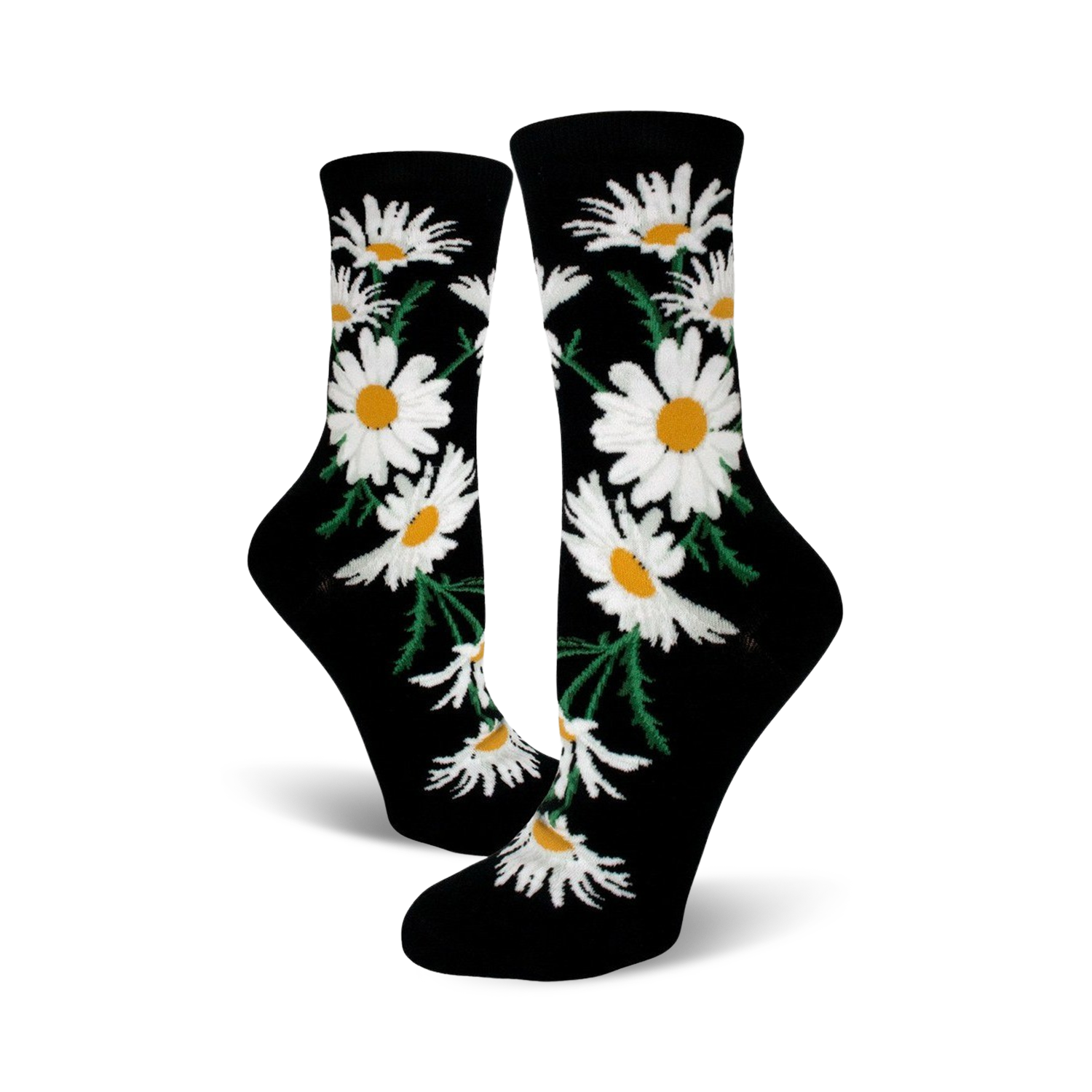 A pair of black crew socks featuring a whimsical pattern of white daisies with yellow centers and green stems.