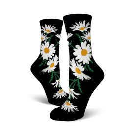 black crew length women's botanical novelty spring daisy print sock with white flowers and yellow center  