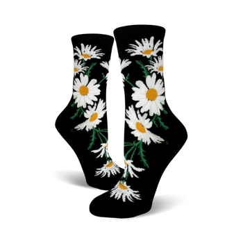 black crew length women's botanical novelty spring daisy print sock with white flowers and yellow center  