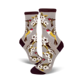 Pair of grey crew socks with colorful hummingbirds and white flowers. Dark maroon band at the top.
