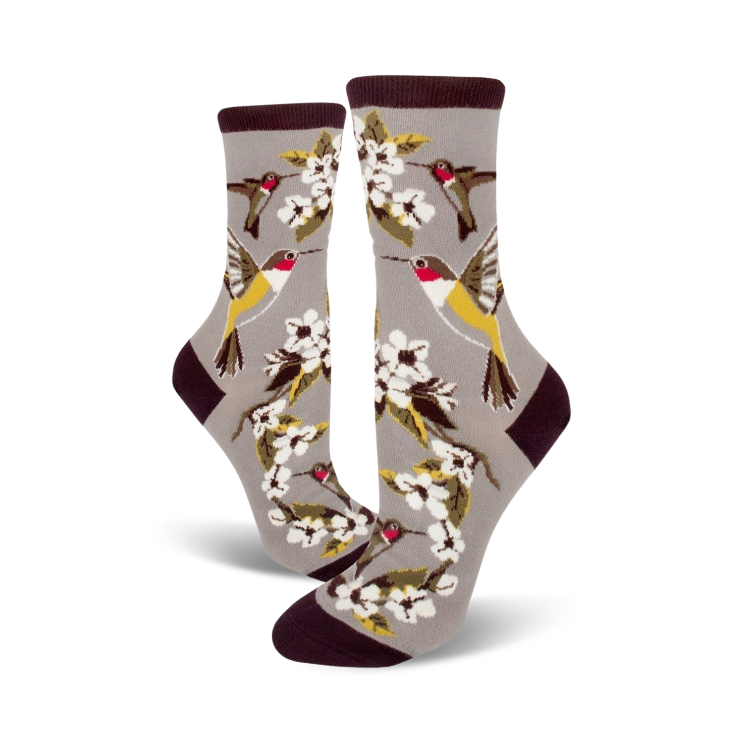 Pair of grey crew socks with colorful hummingbirds and white flowers. Dark maroon band at the top.