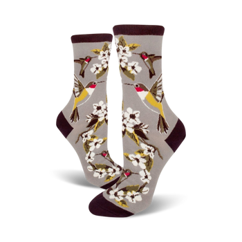 gray crew socks adorned with hummingbirds and flowers for women.  
