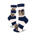 Pair of crew socks; navy blue and white horizontal stripes with sloth illustrations.
