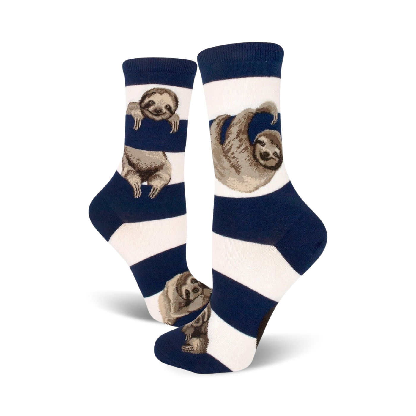 Pair of crew socks; navy blue and white horizontal stripes with sloth illustrations.