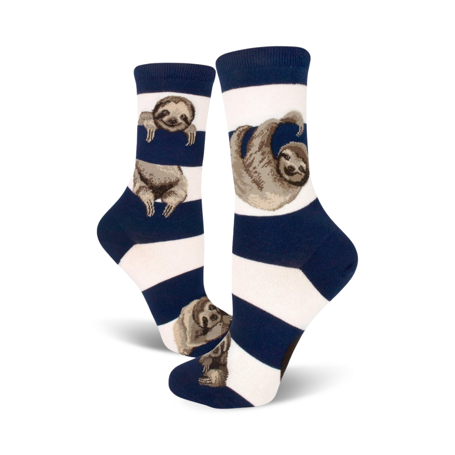 Pair of crew socks; navy blue and white horizontal stripes with sloth illustrations.