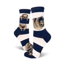 blue and white striped crew socks with brown and white sloths hanging from branches.  