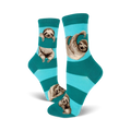 Close-up of teal and light teal striped socks with sloths.  A fun, vibrant color option.