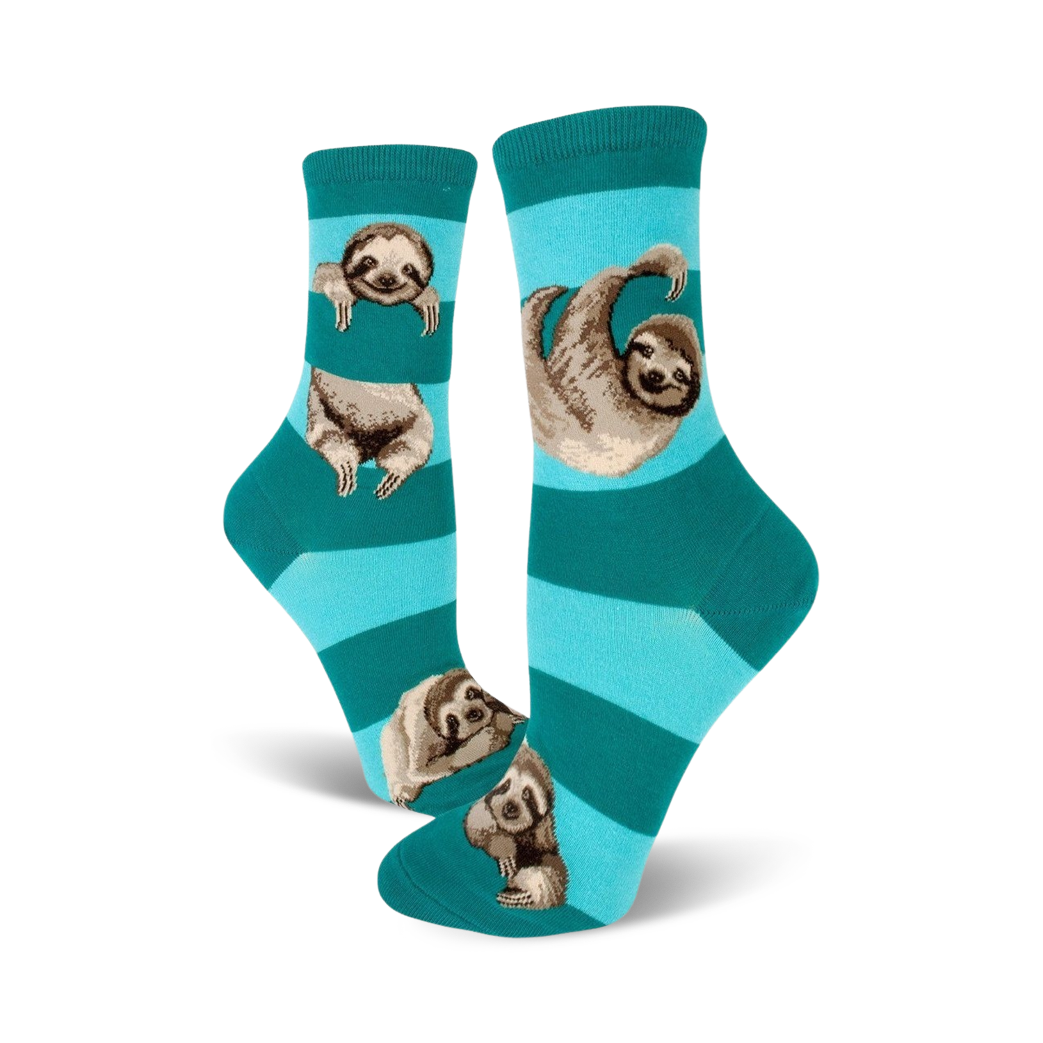 Close-up of teal and light teal striped socks with sloths.  A fun, vibrant color option.